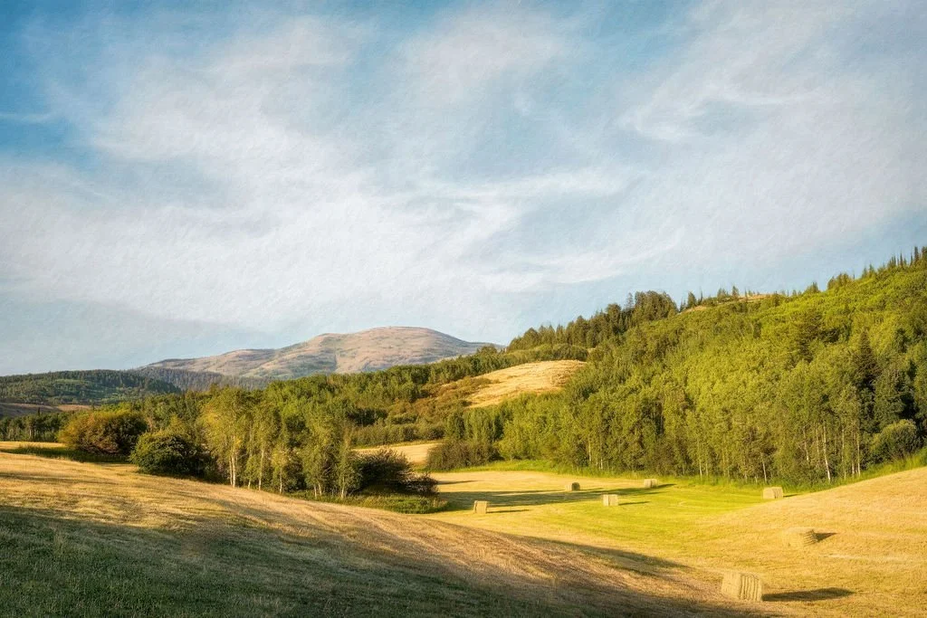 GOLDEN WYOMING HILLSIDE WITH HAY BALES AND FORESTED MOUNTAINS – SUMMER LANDSCAPE