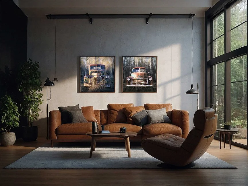Modern rustic living room with leather sofa and two framed vintage truck photographs on the wall, styled as Americana wall art with warm natural light and wood accents.