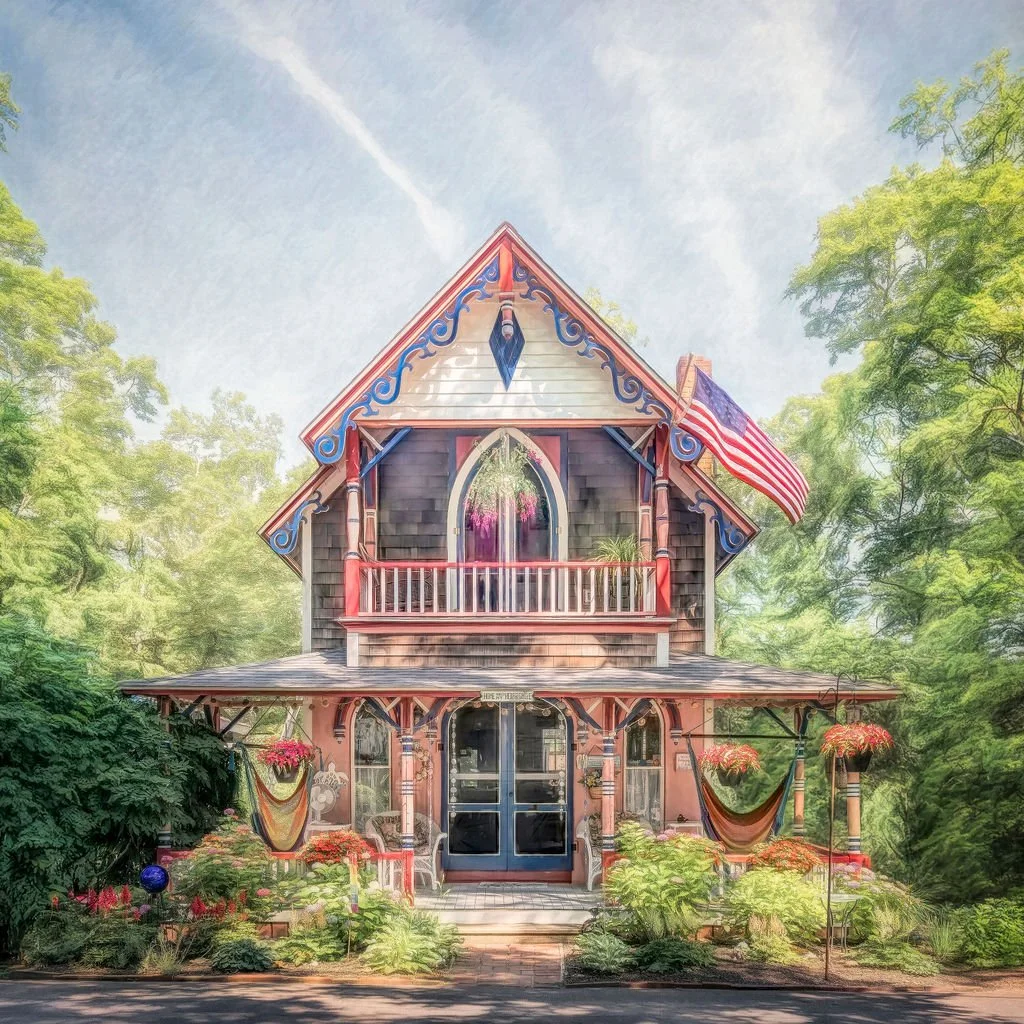 PATRIOTIC VICTORIAN GINGERBREAD COTTAGE PHOTO WITH AMERICAN FLAG AND RED, WHITE, AND BLUE TRIM IN MARTHA’S VINEYARD
