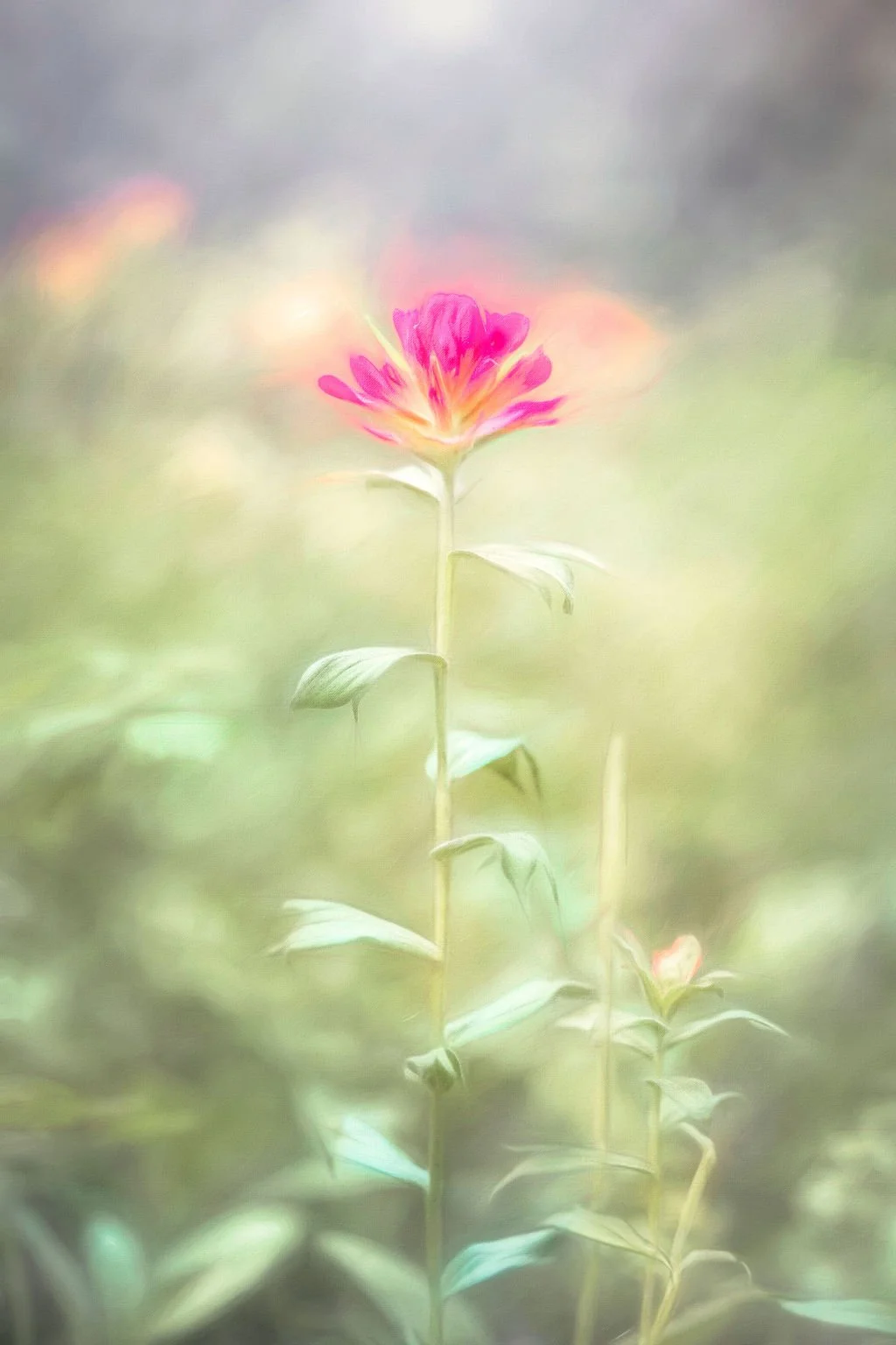 INDIAN PAINTBRUSH WILDFLOWER GLOWING IN SOFT LIGHT WITH A DREAMY BACKGROUND