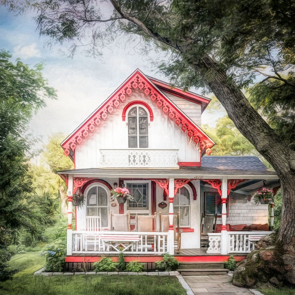 CLASSIC WHITE AND RED VICTORIAN GINGERBREAD COTTAGE PHOTO WITH WRAPAROUND PORCH IN MARTHA’S VINEYARD