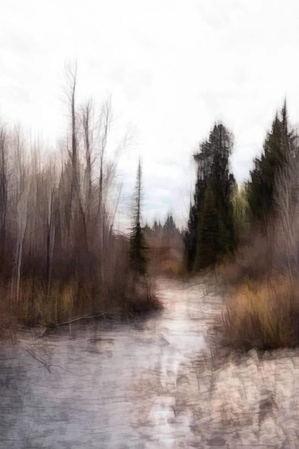 Abstract painterly photograph of a winding stream flowing through a quiet woodland with blurred trees, soft earthy tones, and a peaceful, dreamlike atmosphere.