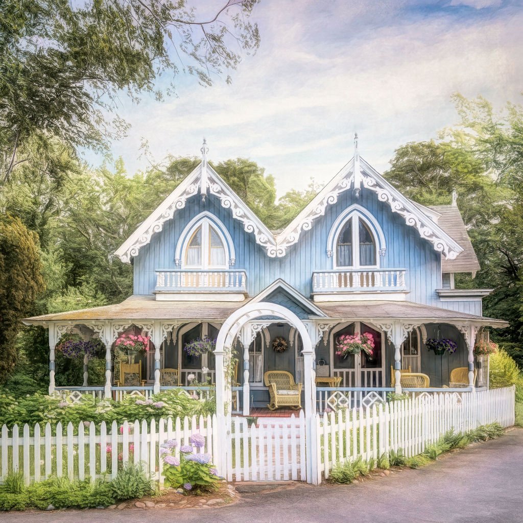 ICONIC BLUE VICTORIAN GINGERBREAD COTTAGE PHOTO WITH PICKET FENCE AND FLOWERS IN MARTHA’S VINEYARD