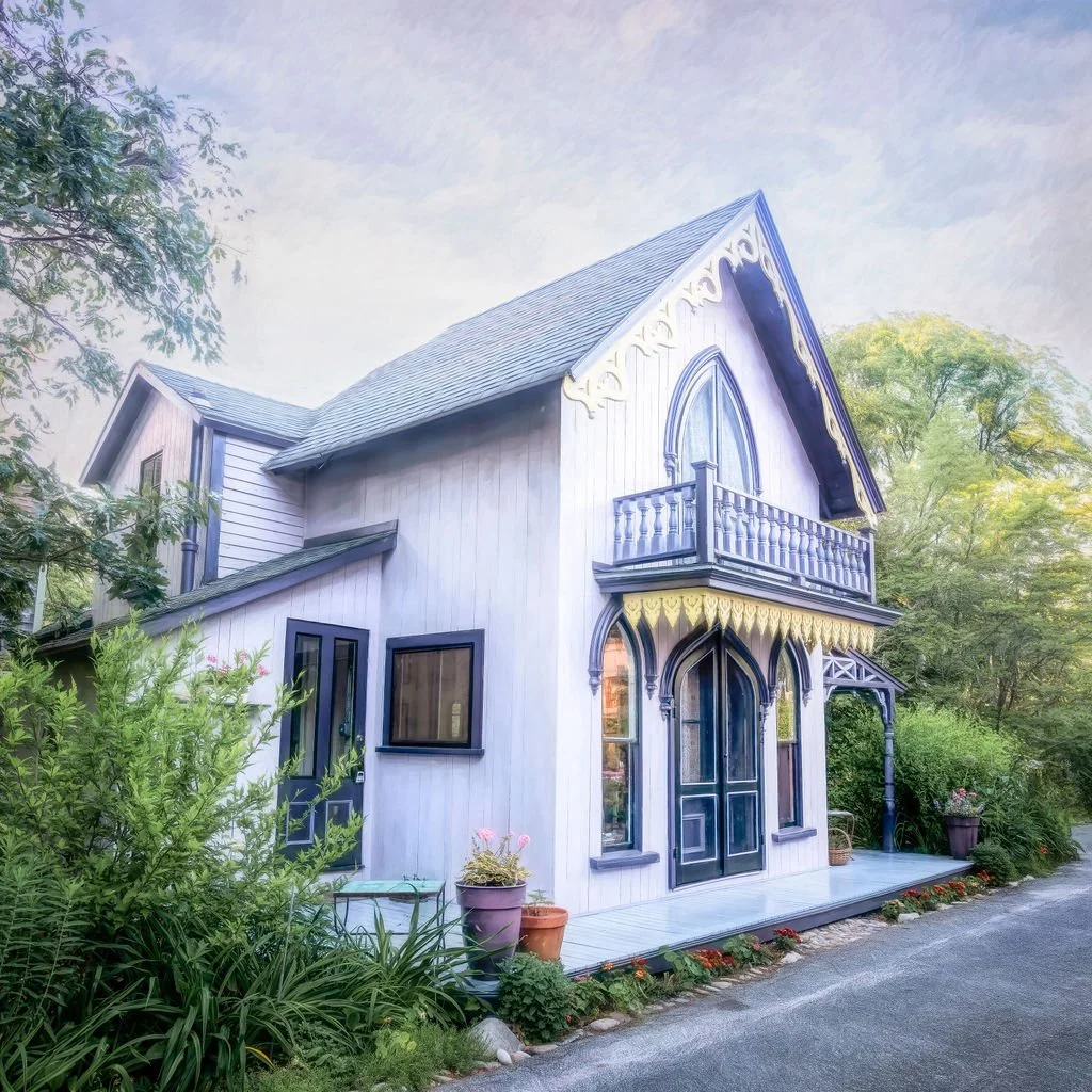PURPLE VICTORIAN GINGERBREAD COTTAGE PHOTO WITH GOTHIC TRIM AND BALCONY IN MARTHA’S VINEYARD