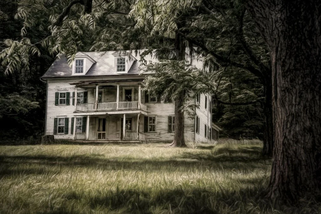 WEATHERED ABANDONED WHITE COLONIAL HOME NESTLED IN A WOODED CLEARING WITH DAPPLED SUNLIGHT