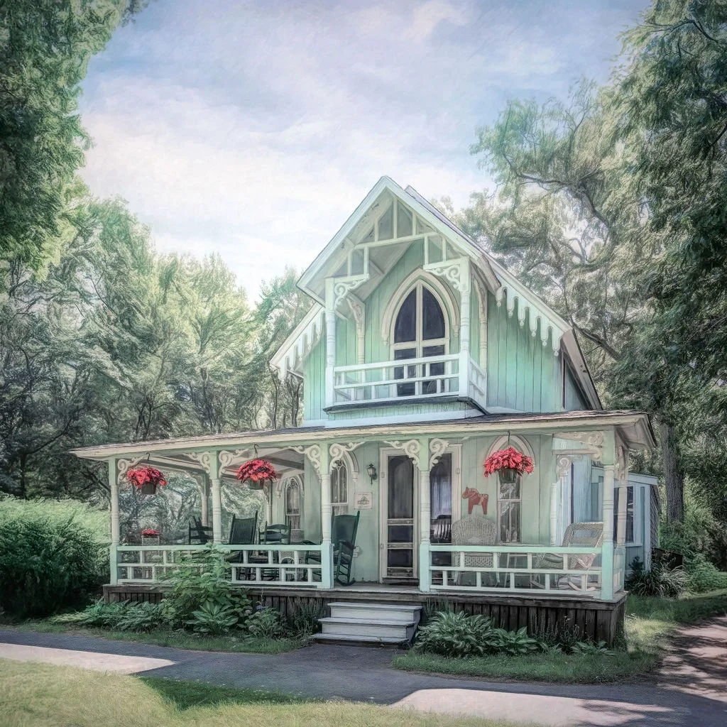MINT GREEN VICTORIAN GINGERBREAD COTTAGE PHOTO WITH RED FLOWERS AND WRAPAROUND PORCH IN MARTHA’S VINEYARD