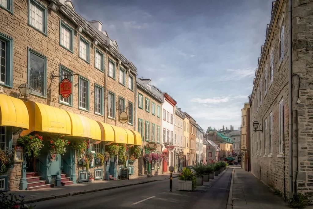 YELLOW AWNINGS IN OLD TOWN QUEBEC CITY, CANADA