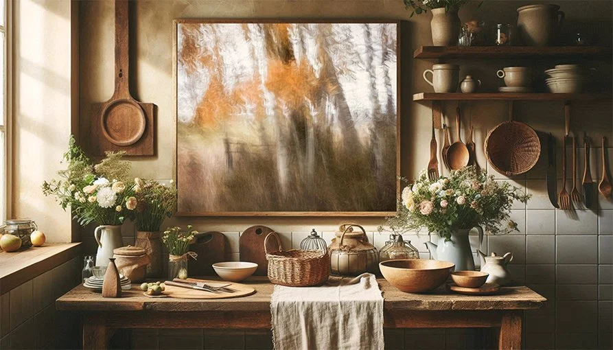 Cozy rustic kitchen with wooden decor, flowers, and shelves, featuring a framed abstract autumn forest wall art print with soft painterly tones above a farmhouse table.