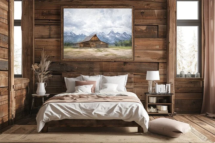 RUSTIC BEDROOM DECOR STYLED WITH LARGE BARN WALL ART ABOVE A WOODEN BED, FEATURING NEUTRAL TONES AND COZY WESTERN DESIGN ELEMENTS