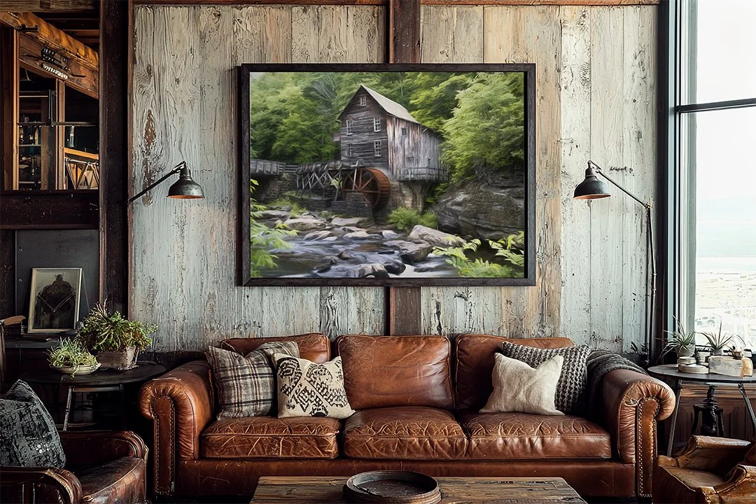 Rustic living room with leather sofa and framed grist mill wall art above, featuring cozy farmhouse decor and wood textures