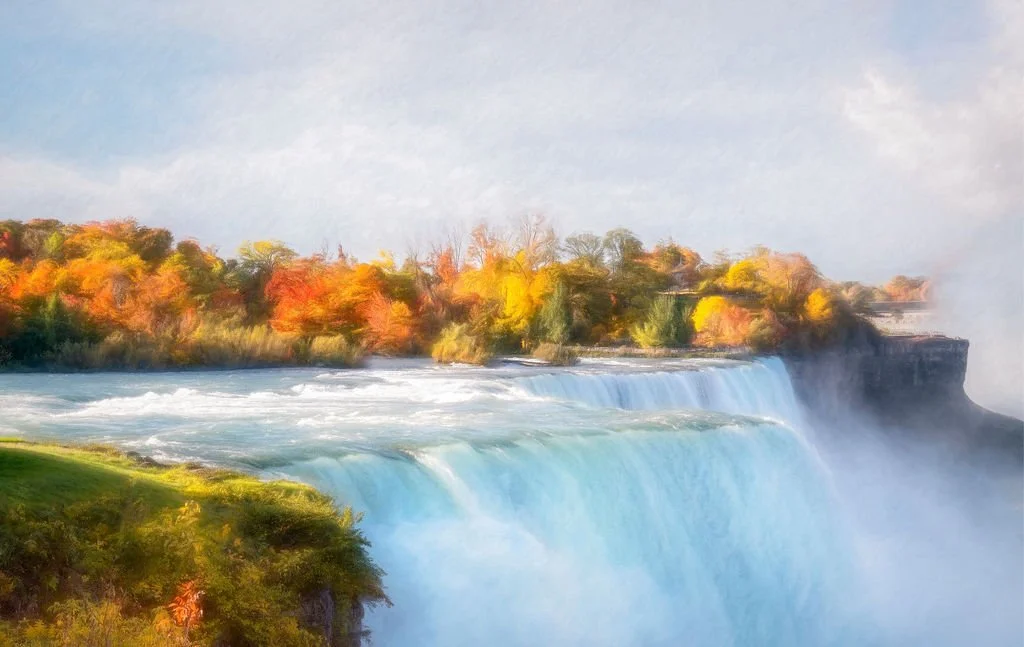 NIAGARA FALLS PHOTO WITH AUTUMN FOLIAGE AND MIST IN VIBRANT LANDSCAPE SCENE