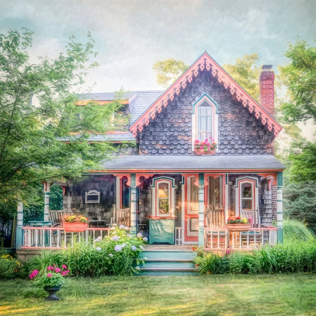CHARMING VICTORIAN GINGERBREAD COTTAGE PHOTO WITH FLOWER GARDEN IN MARTHA’S VINEYARD