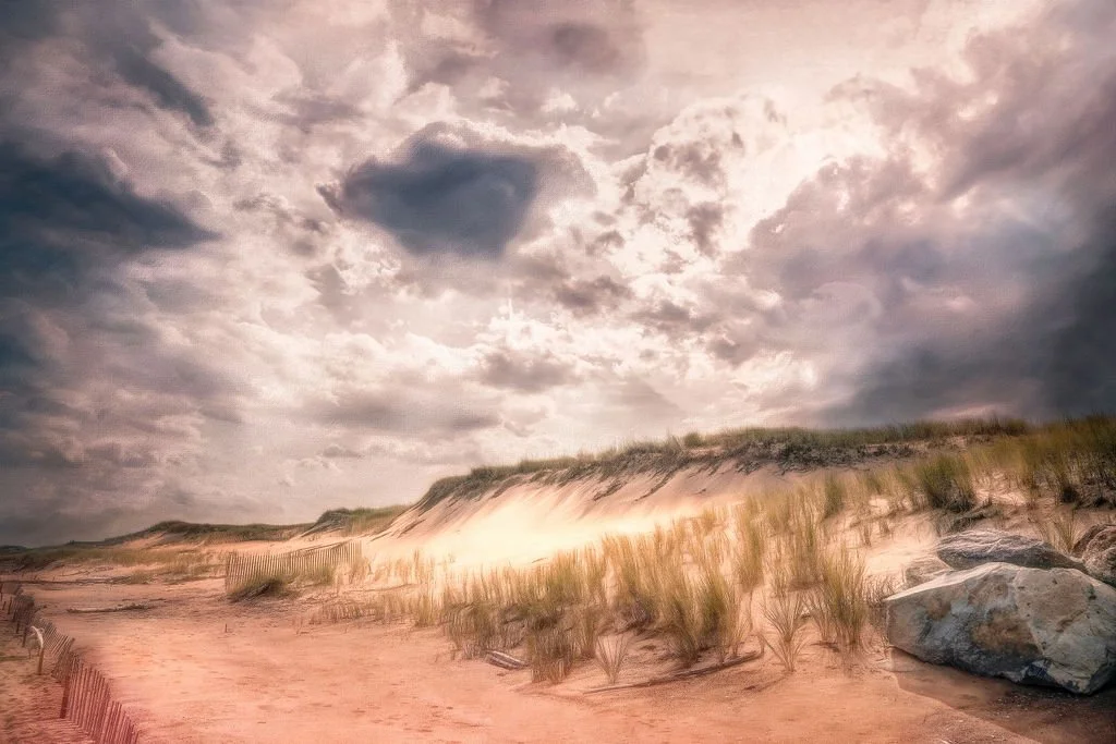 DRAMATIC COASTAL DUNES PHOTO WITH STORMY SKY AND BEACH GRASSES ON PLUM ISLAND BEACH, MASSACHUSETTS