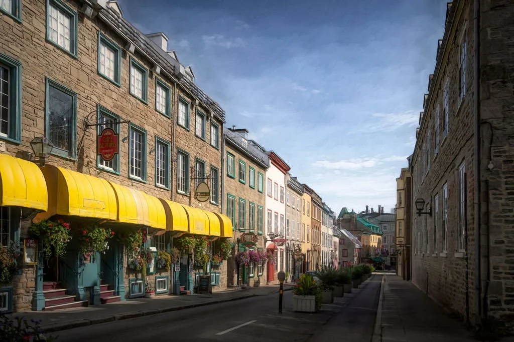 YELLOW AWNINGS IN OLD TOWN QUEBEC CITY, CANADA