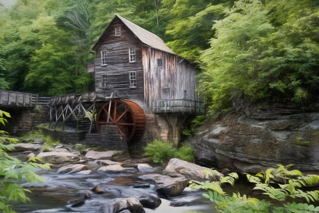 Historicwooden glade creek grist mill in babcock state park, west virginia with waterwheel beside a flowing creek, surrounded by lush green forest in a soft, painterly style