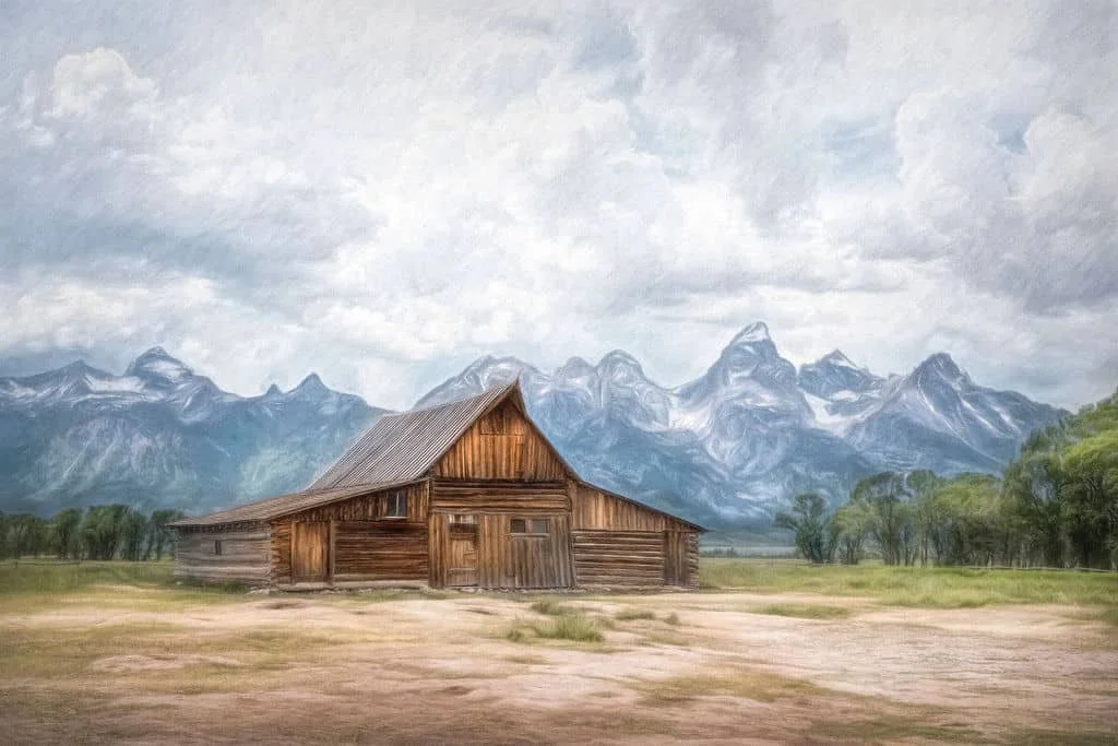 RUSTIC WESTERN BARN WITH GRAND TETON MOUNTAINS IN A PAINTERLY STYLE LANDSCAPE PHOTO