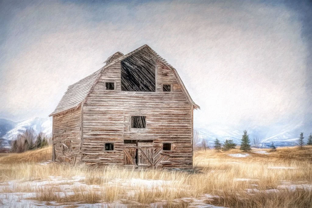 WEATHERED ABANDONED HISTORIC BARN IN A WINTER FIELD WITH SNOW PATCHES AND MOUNTAIN VIEWS