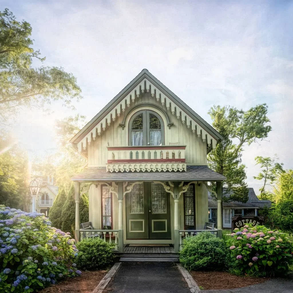 PICTURESQUE VICTORIAN COTTAGE PHOTO WITH ORNATE TRIM AND HYDRANGEAS IN MARTHA’S VINEYARD