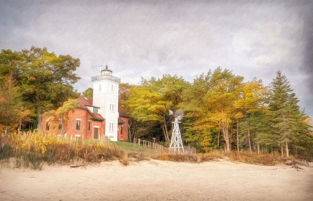 AUTUMN LIGHTHOUSE PHOTO ON MICHIGAN SHORELINE WITH WINDMILL AND FALL FOLIAGE