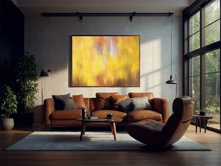 Modern living room with a brown leather sofa and large windows, featuring a golden abstract photography print above the couch that adds warmth and a cozy, painterly feel.