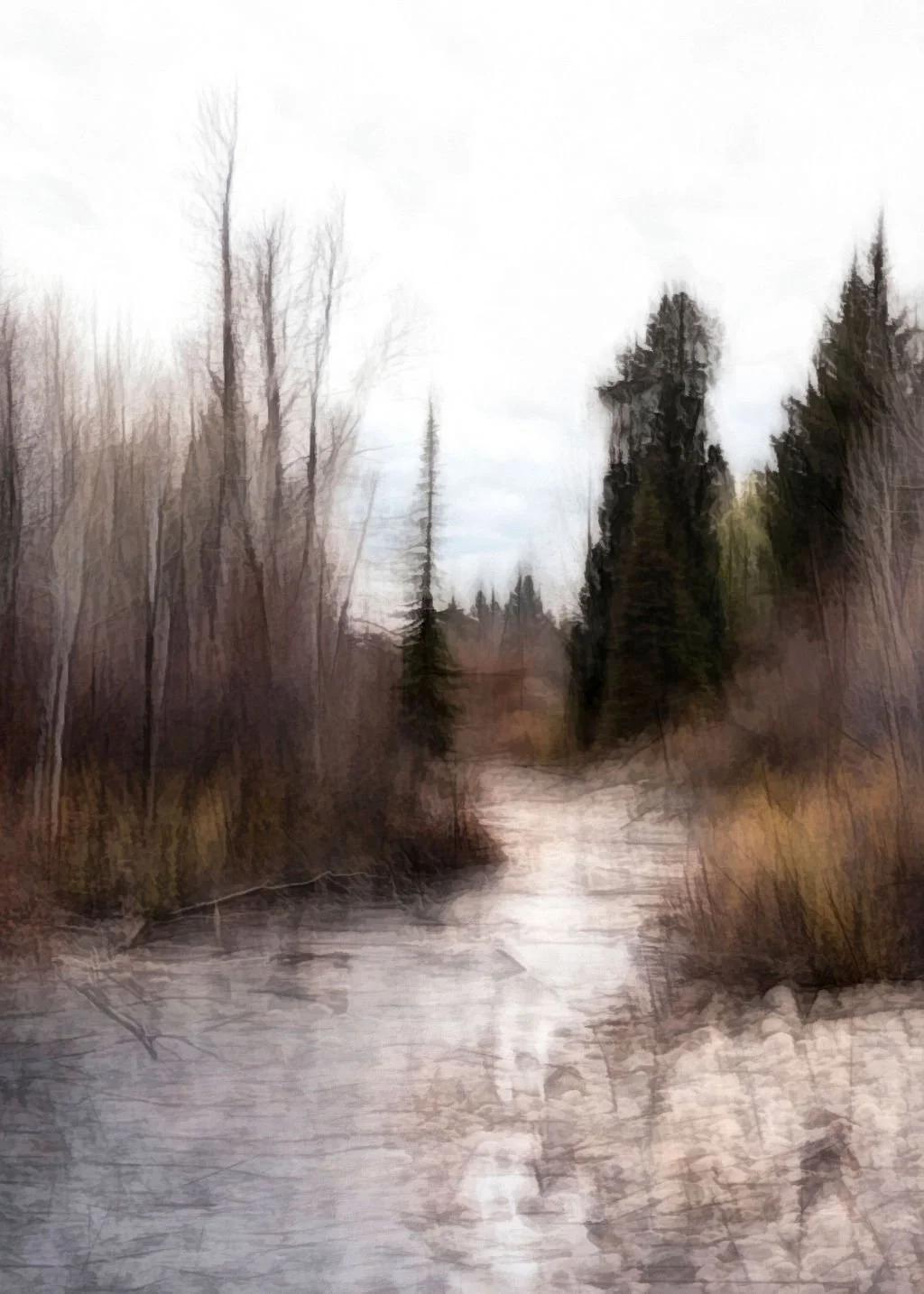 ABSTRACT WINTER RIVER SCENE WITH PINE TREES