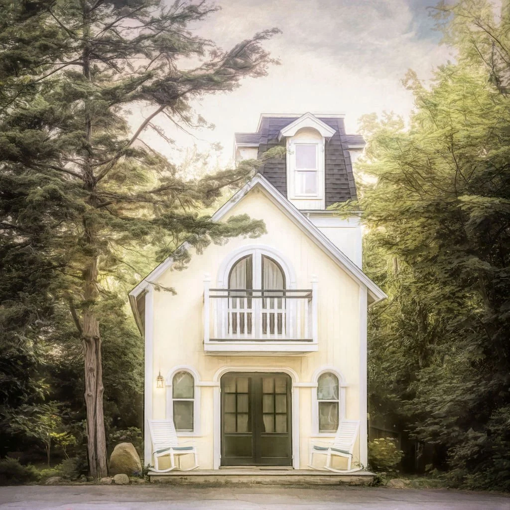 ELEGANT YELLOW VICTORIAN COTTAGE PHOTO WITH ARCHED WINDOWS AND ROCKING CHAIRS IN MARTHA’S VINEYARD
