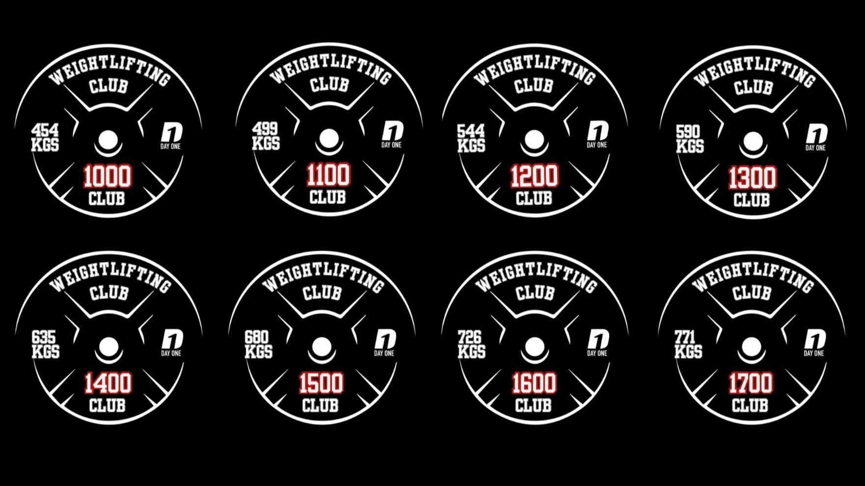 Set of eight black circular weightlifting club logos with white outlines and text, each displaying different weights in kilograms and corresponding points in red, arranged in two rows of four.
