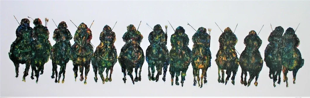 Horses and Riders, oil on canvas, 150 x 50cm