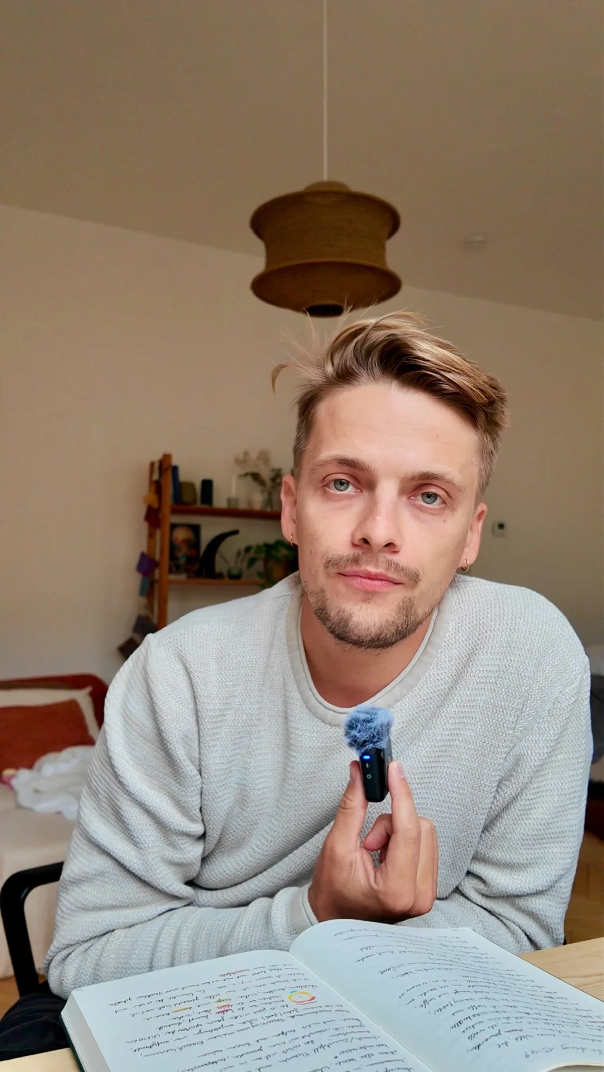 A young man with light brown hair, a beard, and small earrings is sitting at a table, holding a small recording device near his chest, with a book open in front of him. The background shows a bookshelf with various items and a white wall.