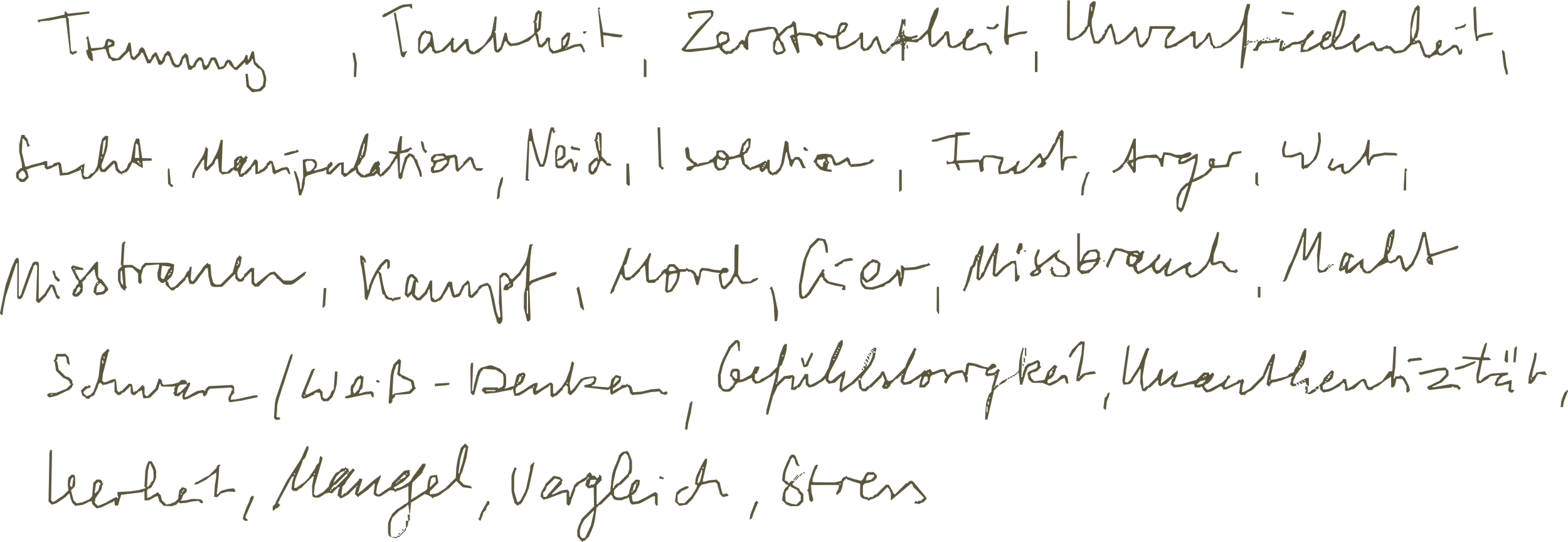 Trennung, Taubheit, Zerstreutheit, Unzufriedenheit, Such, Manipulation, Neid, Isolation, Frust, Ärger, Wut, Misstrauen, Kampf, Mord, Gier, Missbrauch, Macht, Schwarz/Weiß-Denken, Gefühlslosigkeit, Unanthentizität, Leerheit, Mangel, Vergleich, Stress
