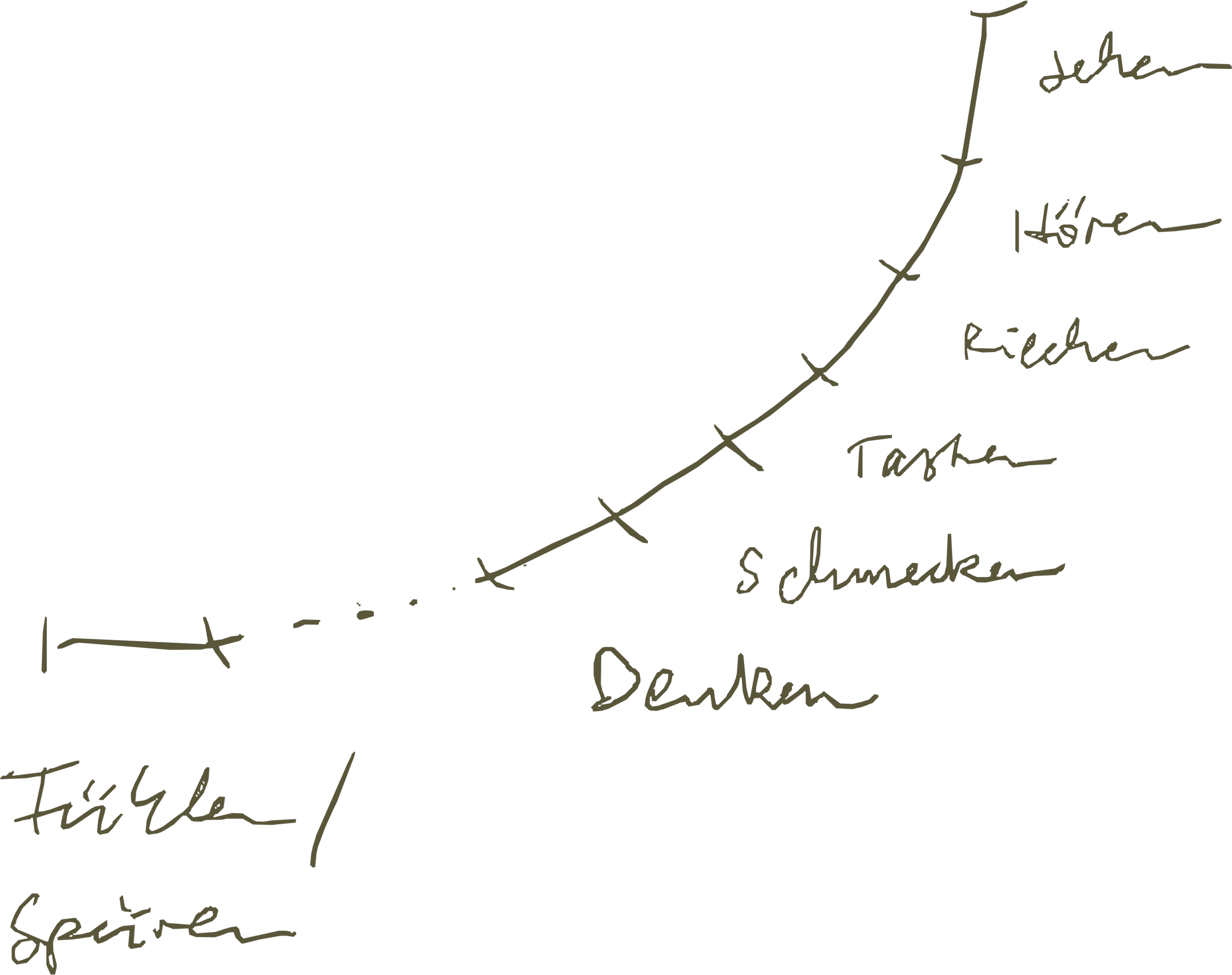 Grafik die ein Wahrnehmungsspektrum darstellt mit: Sehen, Hören, Riechen, Tasten, Schmecken; Denken. Fühlen/Spüren sind getrennt.