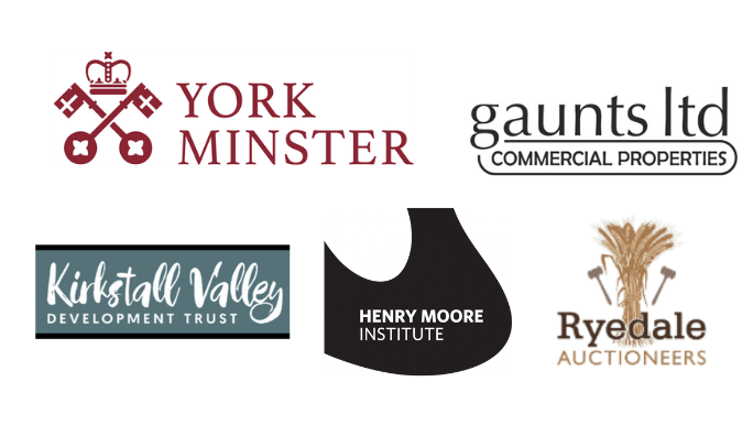 Collection of five different logos for York Minster, Gaunts Ltd Commercial Properties, Kirkstall Valley Development Trust, Henry Moore Institute, and Ryedale Auctioneers.