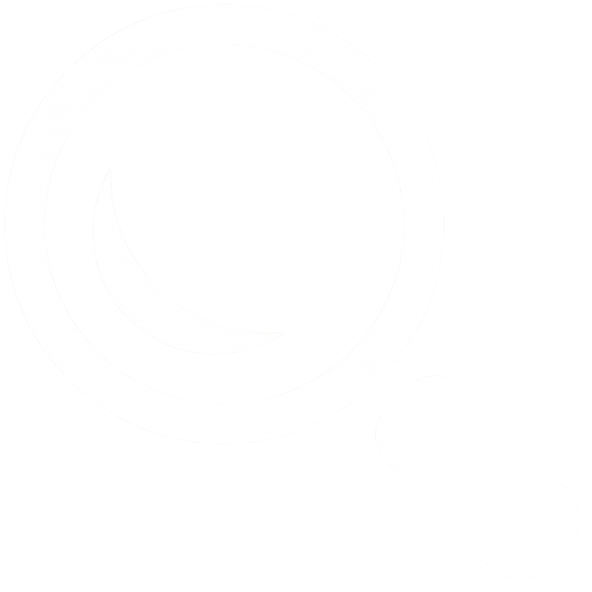 Magnifying glass examining a crescent moon against a black background