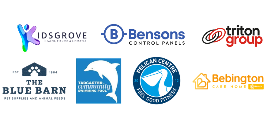 Collection of eight company logos, including Kidsgrove Sports Centre, Bensons Control Panels, Triton Group, The Blue Barn pet supplies, Tadcaster Community Swimming Pool, Pelican Centre Fitness, and Bebington Care Home.