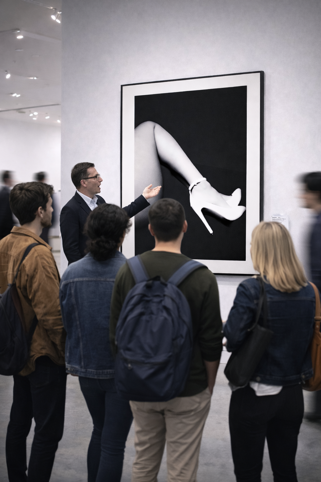 A group of people, including a guide, viewing a black and white artwork of a woman's leg wearing a high heel shoe in an art gallery.