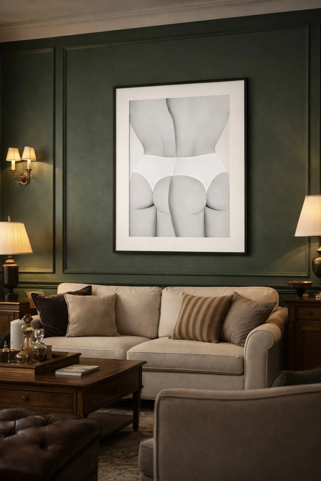 Living room with beige sofa, decorative pillows, wooden coffee table, green paneled walls, framed black and white artwork of a woman's backside, and table lamps.