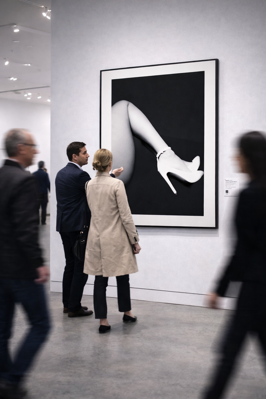 People viewing a black-and-white artwork of a high-heeled shoe with a leg, displayed on a gallery wall.