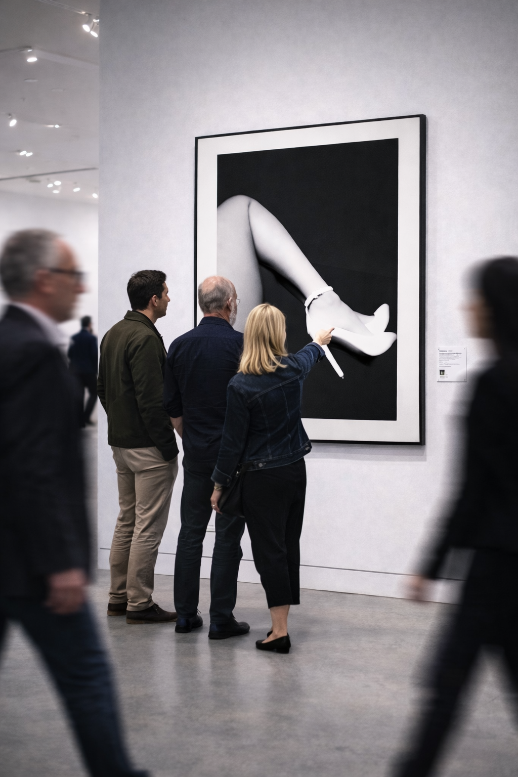 Gallery visitors viewing a black and white photograph of a woman's legs and shoes in an art museum.