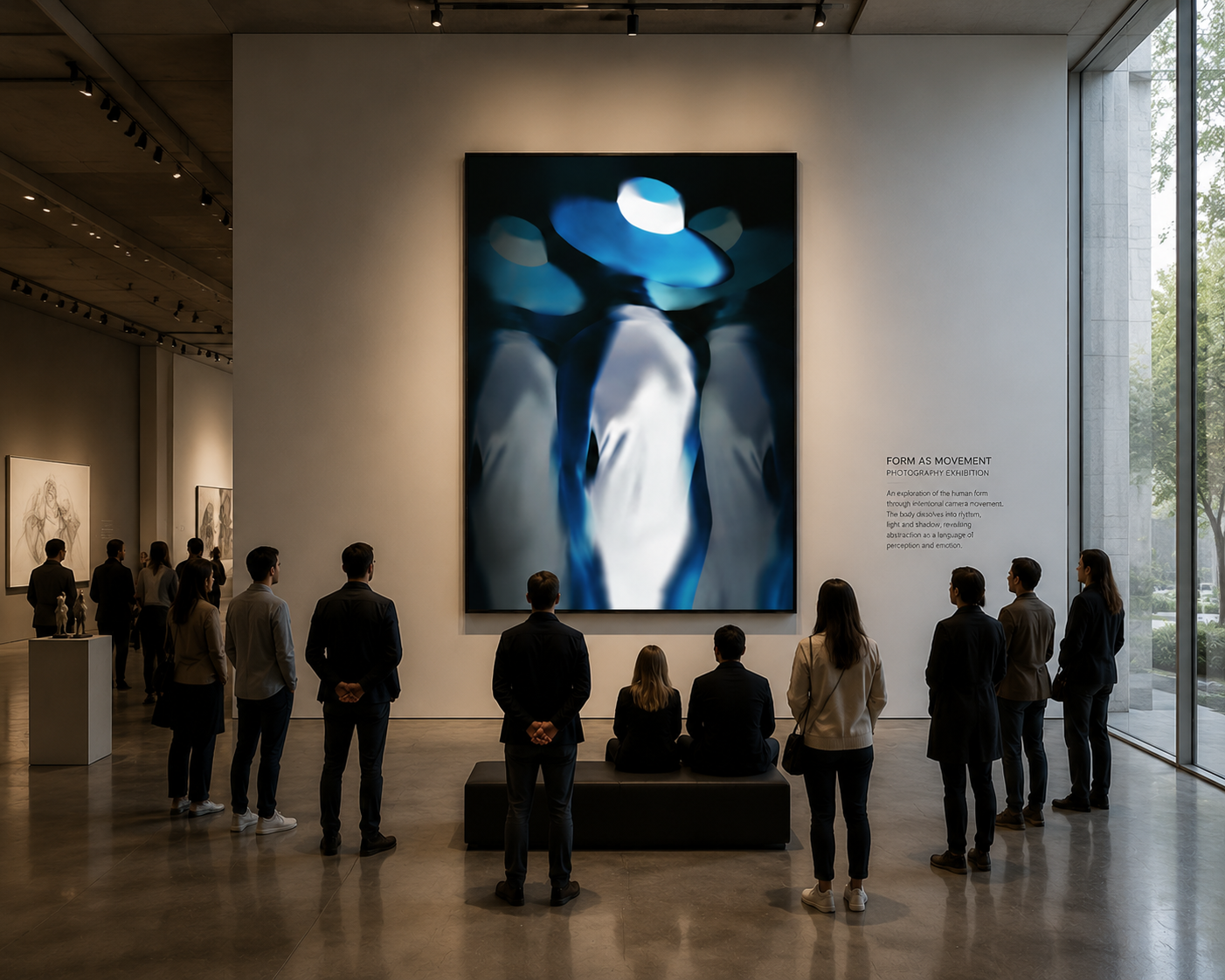 People observing an abstract photograph of human figures and a blue hat at an art gallery exhibition titled 'Form as Movement' with large floor-to-ceiling windows on the right side.