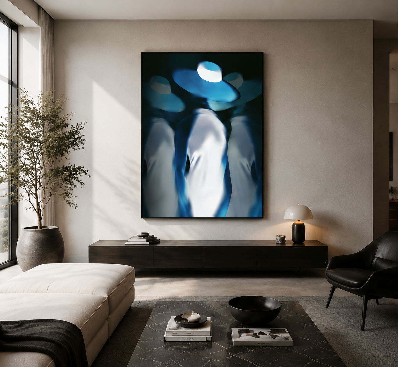 Modern living room with a large abstract blue and white painting on a beige wall, a black armchair, a cream sofa, a marble coffee table with books and decorative items, a black sideboard with a small stack of books and a lamp, and a potted plant near tall windows.