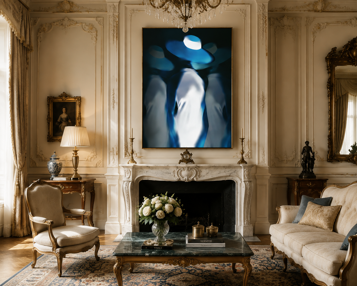 An ornate living room with cream-colored walls and intricate molding. A large abstract blue and white painting hangs above a marble fireplace. A small table with a floral arrangement and books is in front of the fireplace. To the left, a single armchair is beside a side table with a lamp. To the right, a beige sofa with decorative pillows is centered in the room. There are framed artworks and statues on side tables, a chandelier overhead, and a large window with curtains on the left.