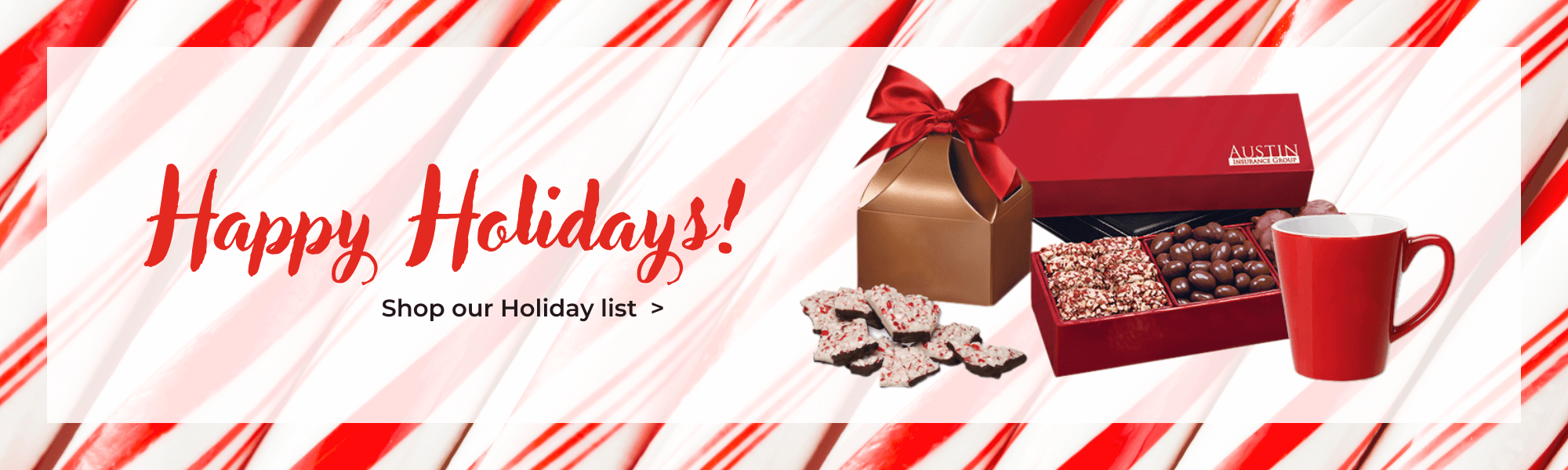 Cheerful red and white holiday card showcasing candy and a mug, ideal for sharing holiday gift inspiration. linking to a curated holiday shopping list.