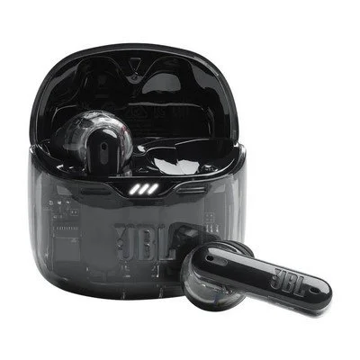 Black JBL Tune Flex true wireless earbuds displayed with their matching charging case.