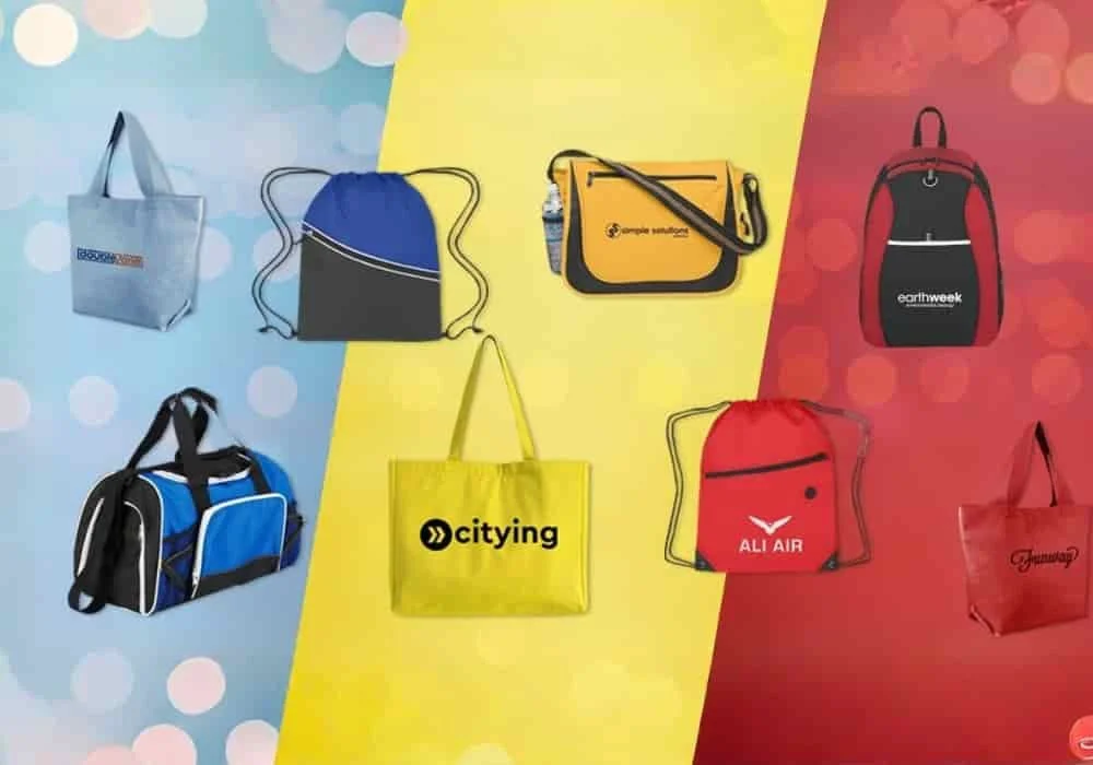 Promotional bags including tote bags, backpacks, shopper totes, and cooler bags for corporate giveaways, branded merchandise, and everyday use