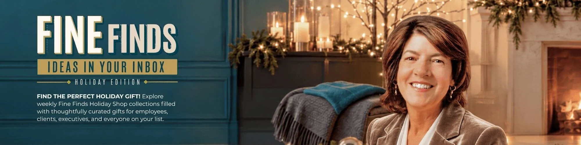 Fine Finds blog banner holiday edition featuring Victoria Fine of Fine Promotions, promoting weekly promotional product ideas and marketing inspiration delivered to your inbox.