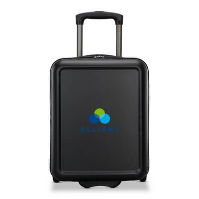 Black American Tourister underseater shown upright with handle extended.