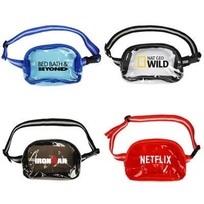 Clear PVC belt bag with black trim and adjustable strap, designed for event-ready promotional products and branded merchandise visibility