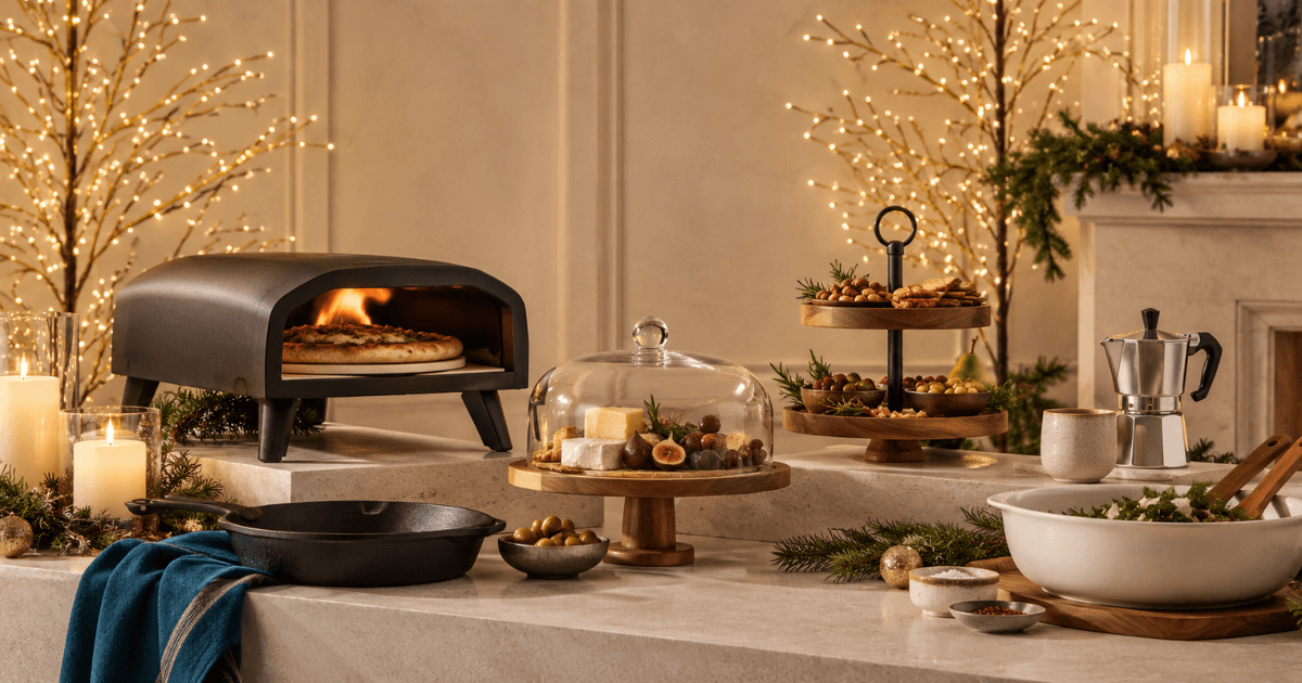 Holiday gifts for foodies and entertainers featuring a pizza oven, serving pieces, coffee accessories, cookware, and gourmet treats.