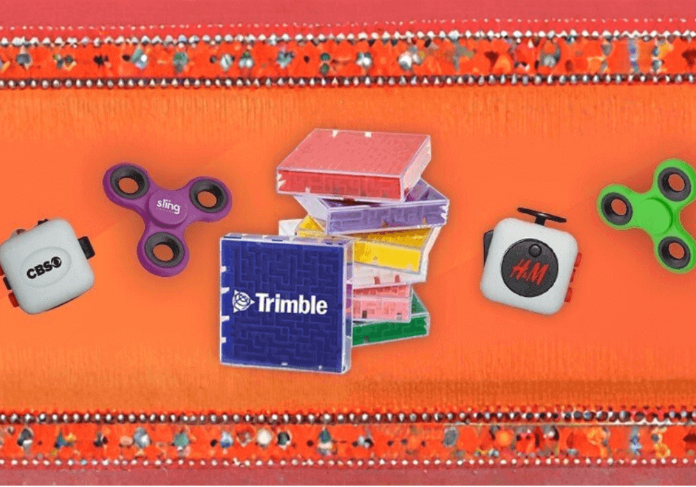 Branded office toys like fidget spinners, puzzles, and stress balls for promoting fun and engagement at work