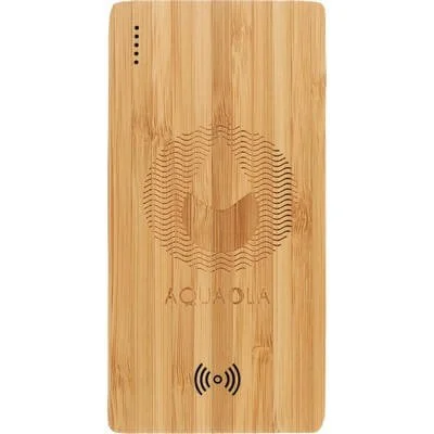 Bamboo wireless power bank shown with a smartphone charging on top.